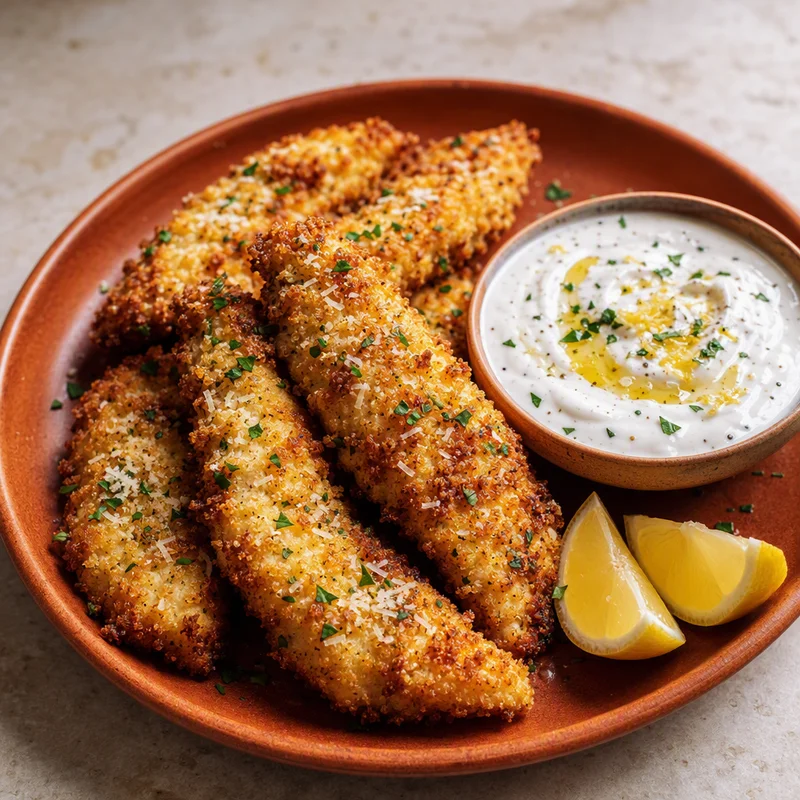 Crispy Parmesan-Oregano Chicken Tenders with Lemon Yogurt Dip