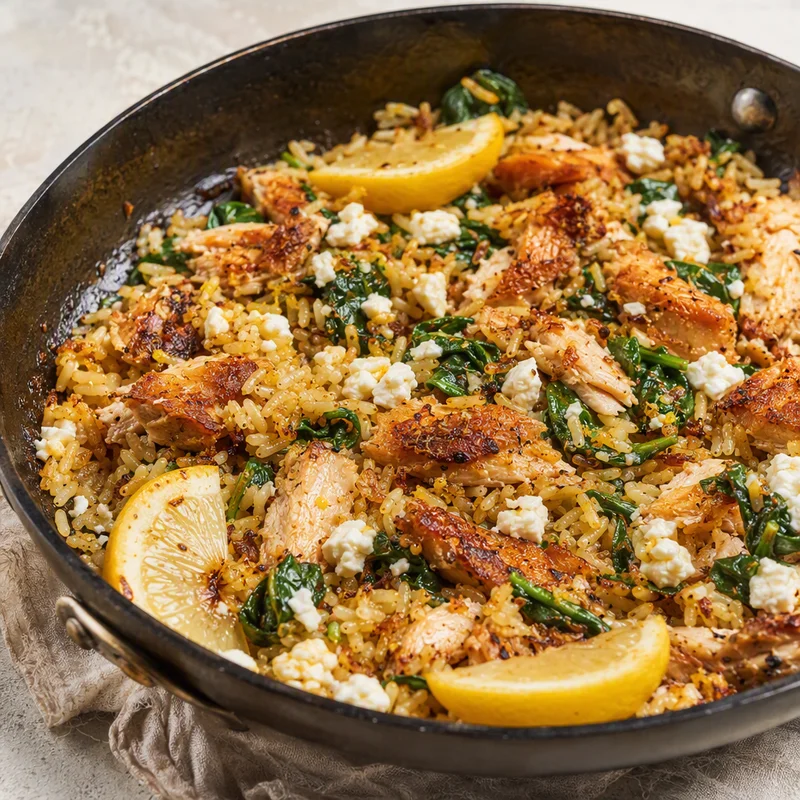 Crispy Lemon Chicken and Rice Skillet with Spinach and Feta