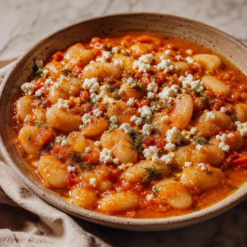Greek Butter Beans in Garlicky Tomato with Feta and Dill