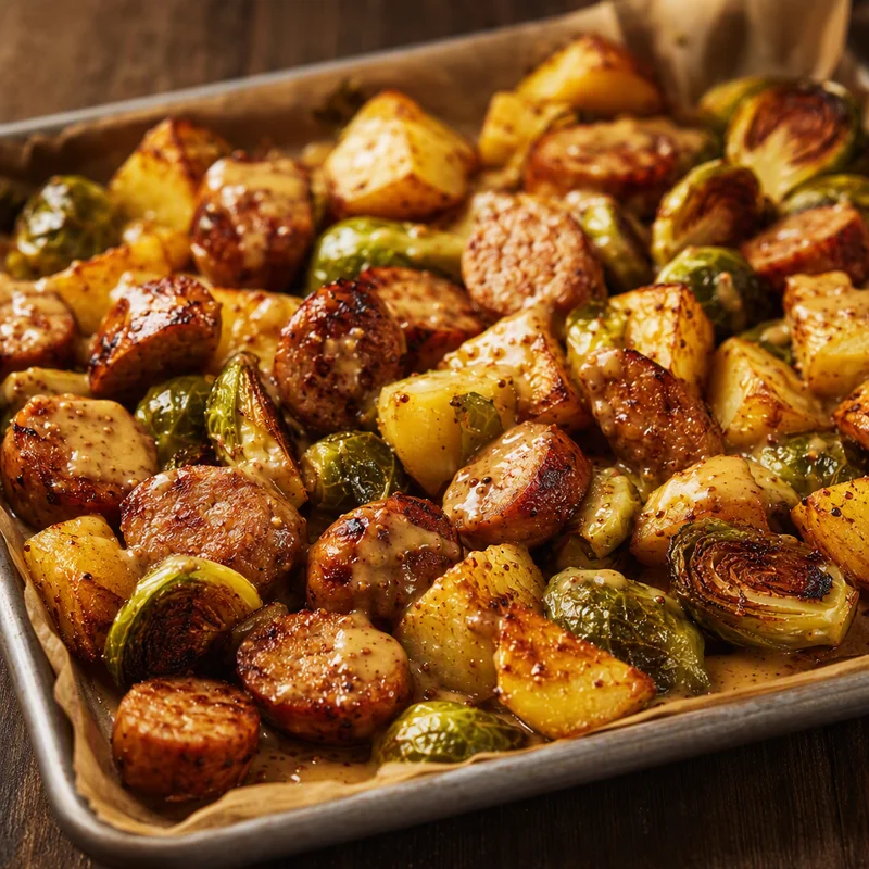 Sheet-Pan Sausage, Potatoes and Brussels Sprouts with Maple Dijon