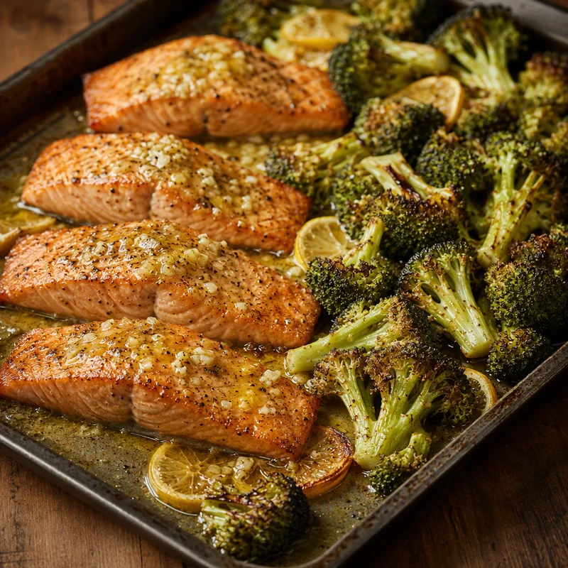 Sheet-Pan Lemon Garlic Butter Salmon with Broccoli