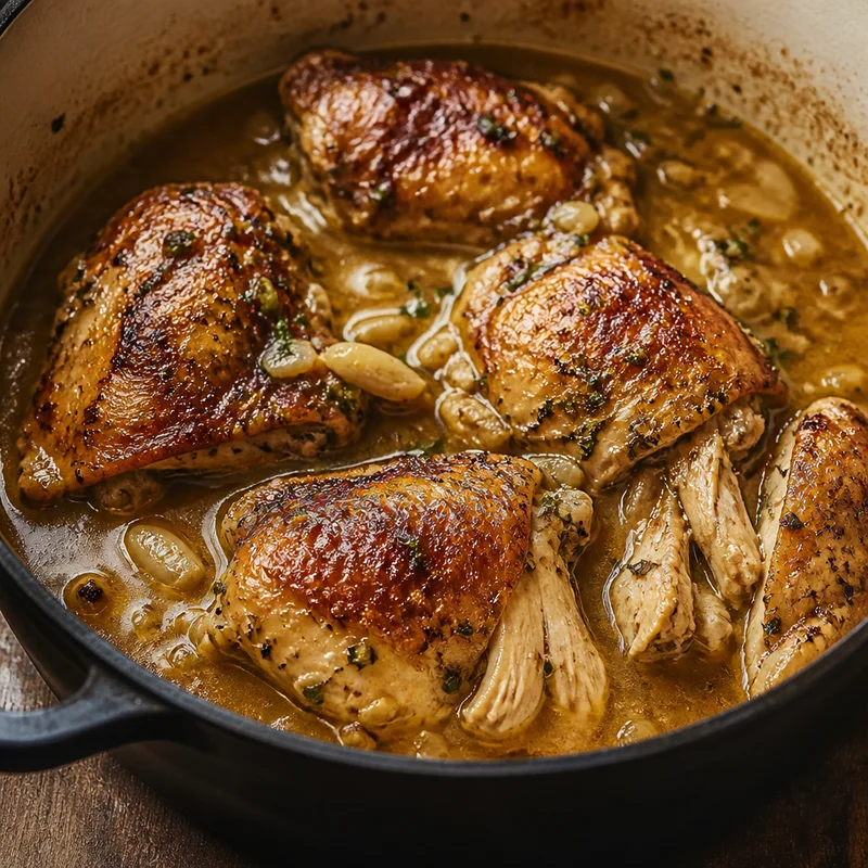 Dutch Oven Braised Chicken Thighs with White Wine and Garlic