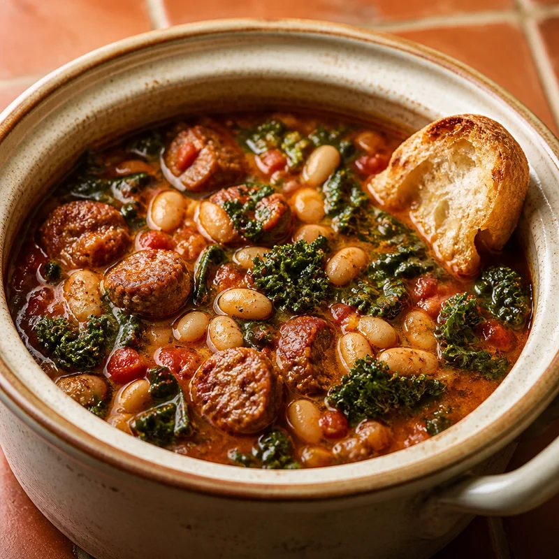 Slow Cooker Tuscan Sausage, White Bean and Kale Stew