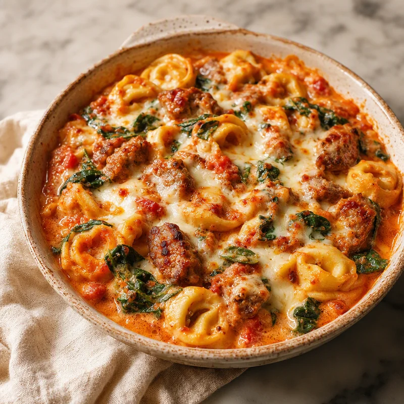 Cheesy Tortellini and Sausage Bake with Spinach