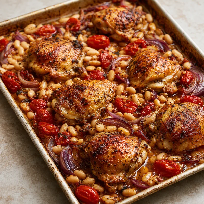 Sheet-Pan Tuscan Chicken with White Beans and Blistered Tomatoes