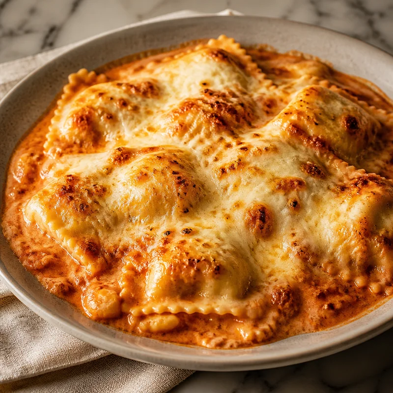Cheesy Baked Ravioli with Creamy Tomato Sauce