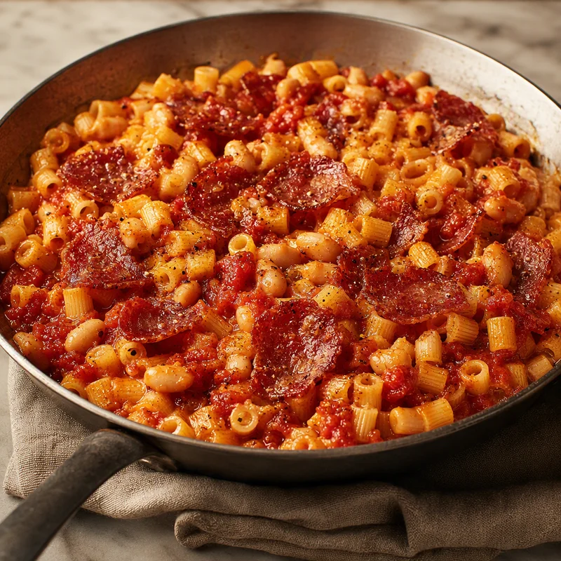 Campfire One-Pot Salami, Tomato & White Bean Pasta