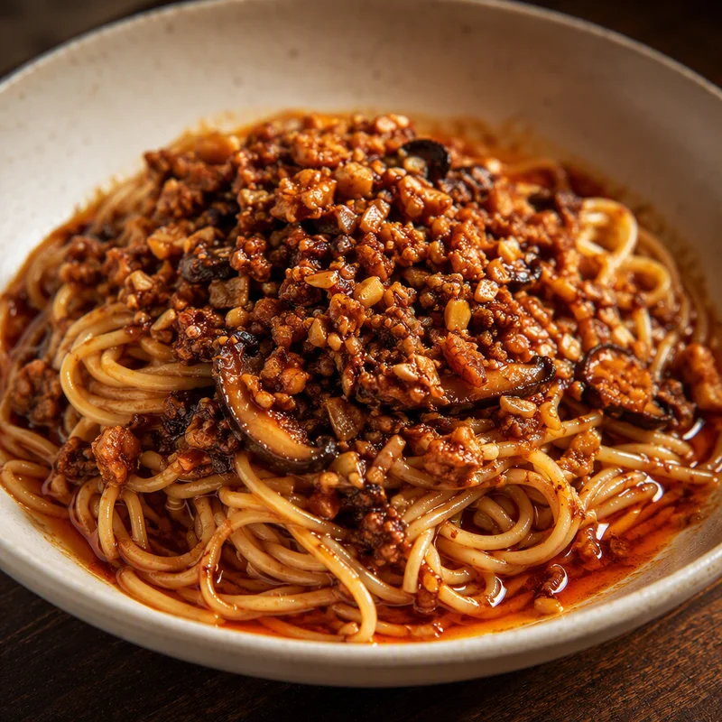 Sichuan Dan Dan Noodles with Crispy Mushroom-Walnut Crumble