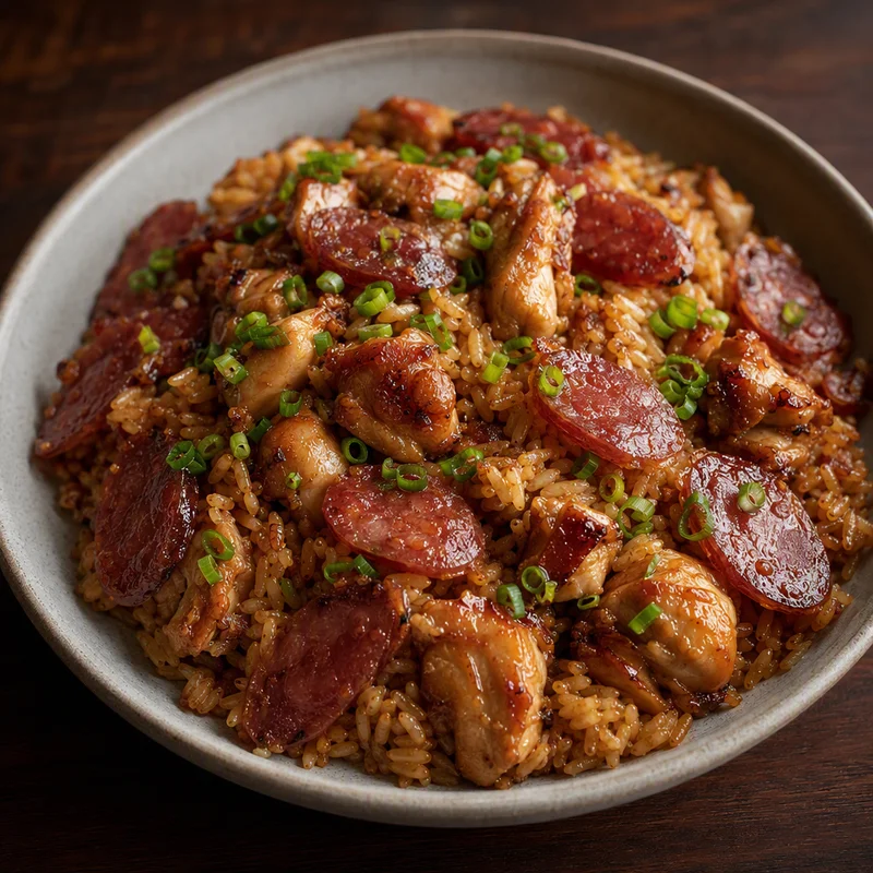 Claypot-Style Chicken and Chinese Sausage Rice Bake