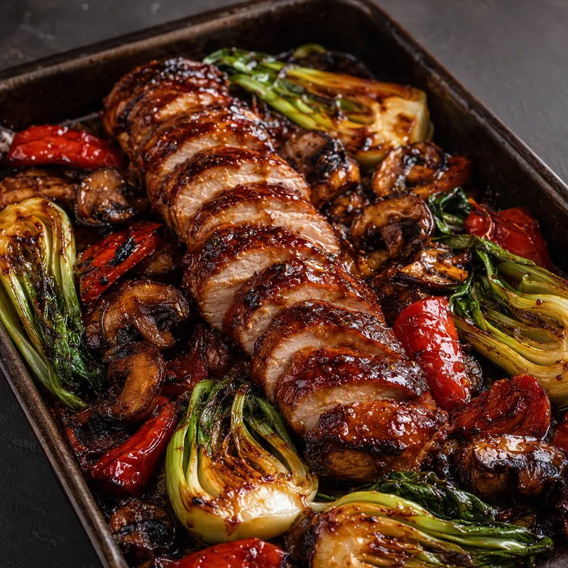 Sheet-Pan Hoisin Pork Tenderloin with Bok Choy and Mushrooms