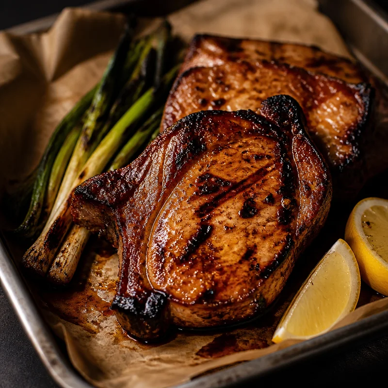 Grilled Ginger-Soy Pork Chops with Charred Scallions