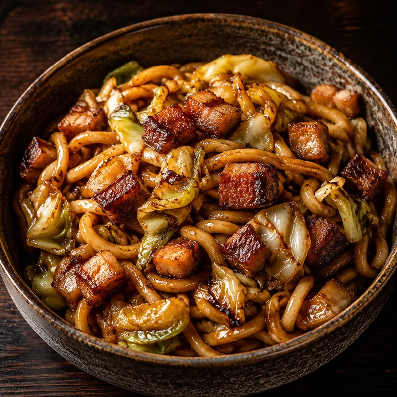 Campfire Yaki Udon with Crispy Pork and Cabbage