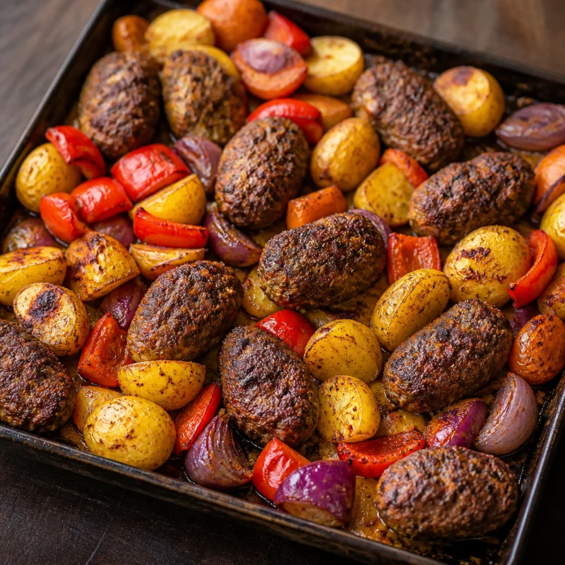 Sheet-Pan Masala Beef Kofta with Potatoes and Peppers