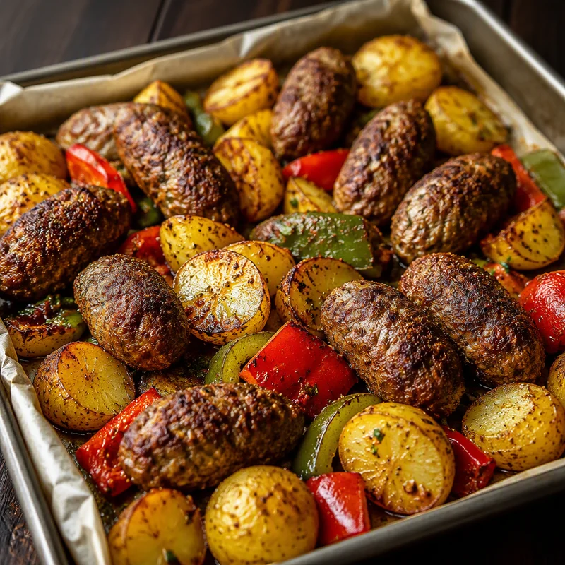 Sheet-Pan Lamb Kofta with Bombay Potatoes and Peppers