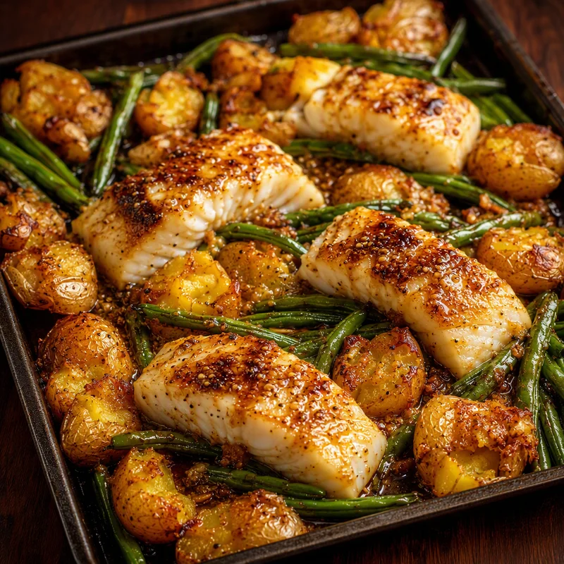 Sheet-Pan Miso Butter Cod with Potatoes and Green Beans