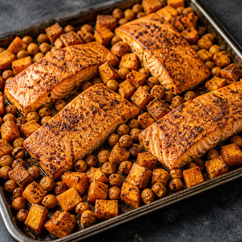 Sheet-Pan Masala Salmon with Sweet Potatoes and Crispy Chickpeas