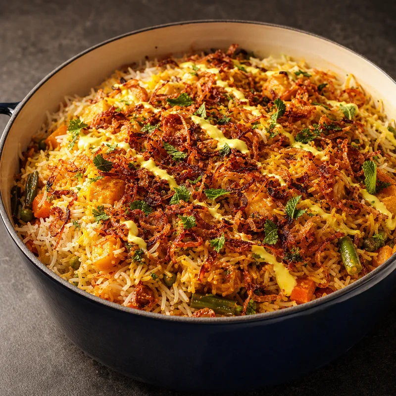 Layered Vegetable Biryani with Crispy Fried Onions