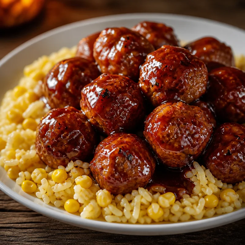 Sticky Honey BBQ Chicken Meatballs with Buttered Corn Rice