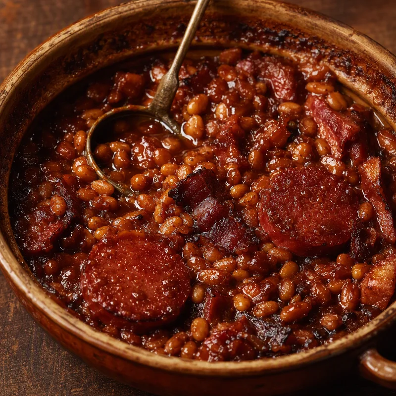 Smoky Baked Beans with Bacon and Ring Bologna