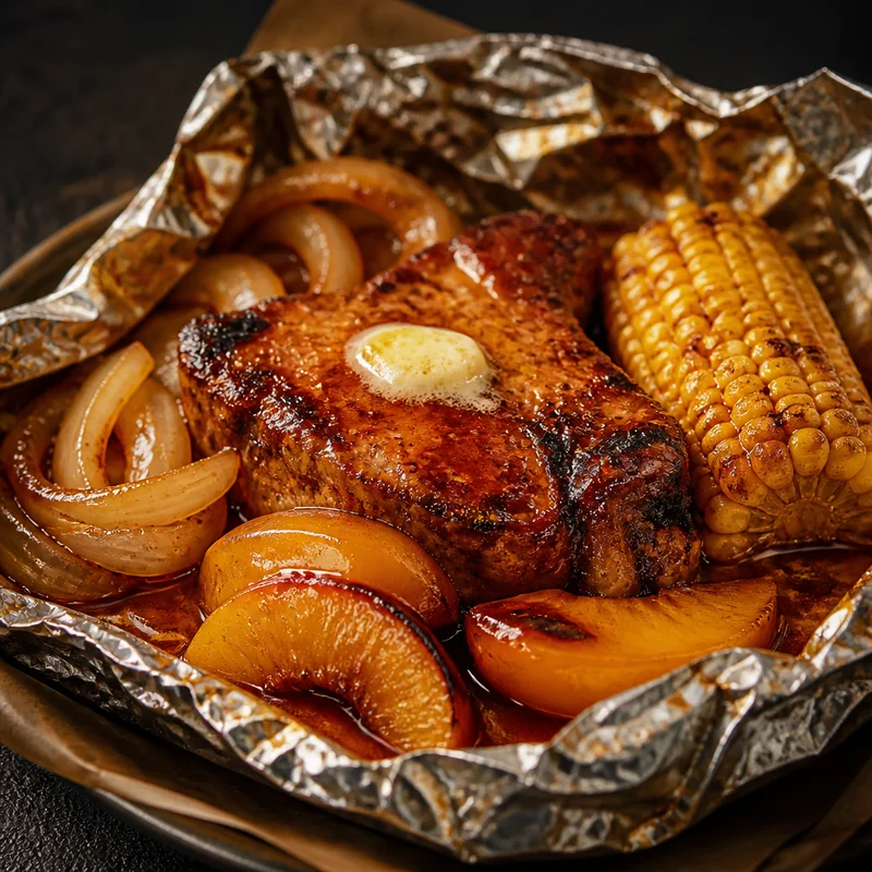 Campfire Peach BBQ Pork Chop Foil Packets