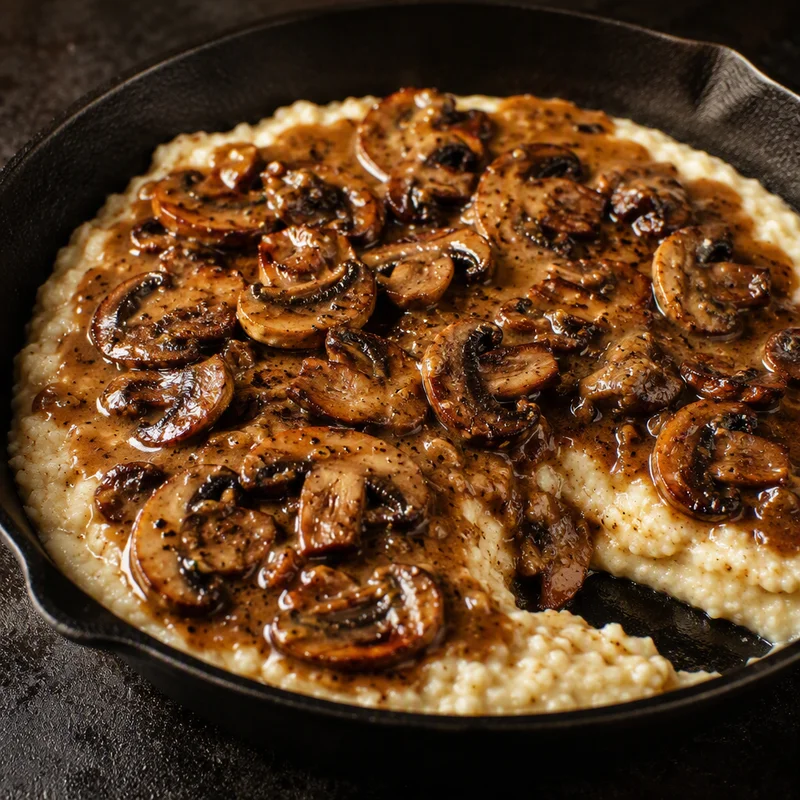 Smothered Mushroom Gravy over Creamy Grits