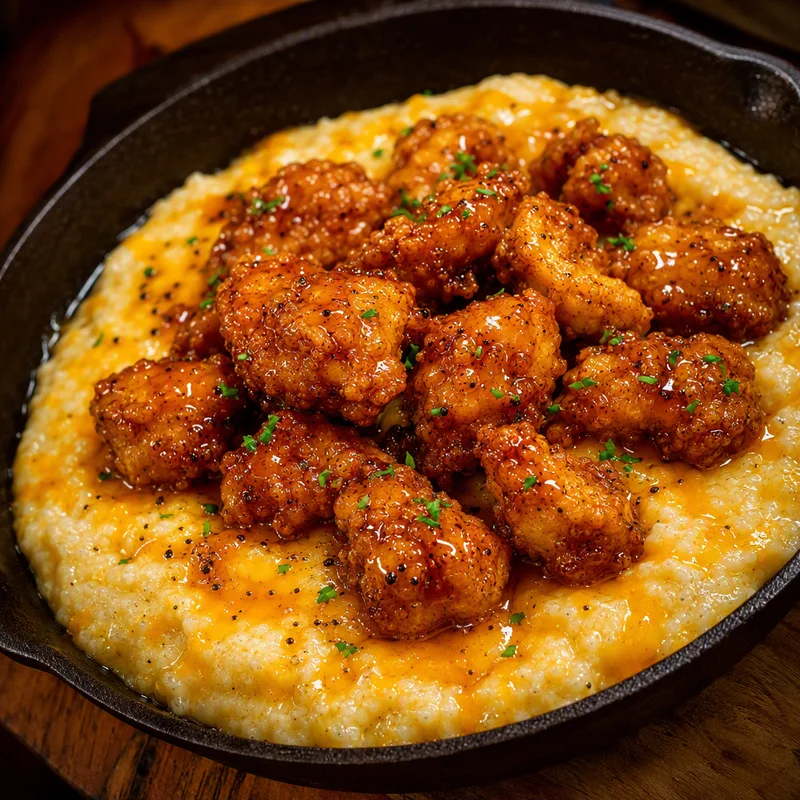 Honey Butter Chicken Bites with Cheesy Grits