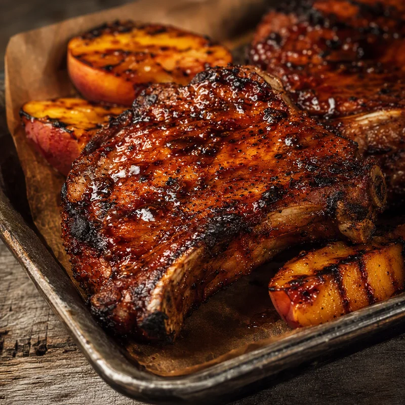 Grilled Peach BBQ Pork Chops with Charred Peaches