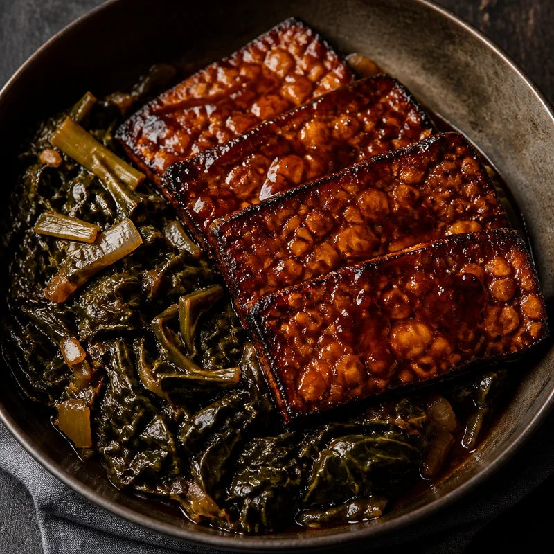 Sticky Peach-Bourbon Glazed Tempeh with Smoky Collards
