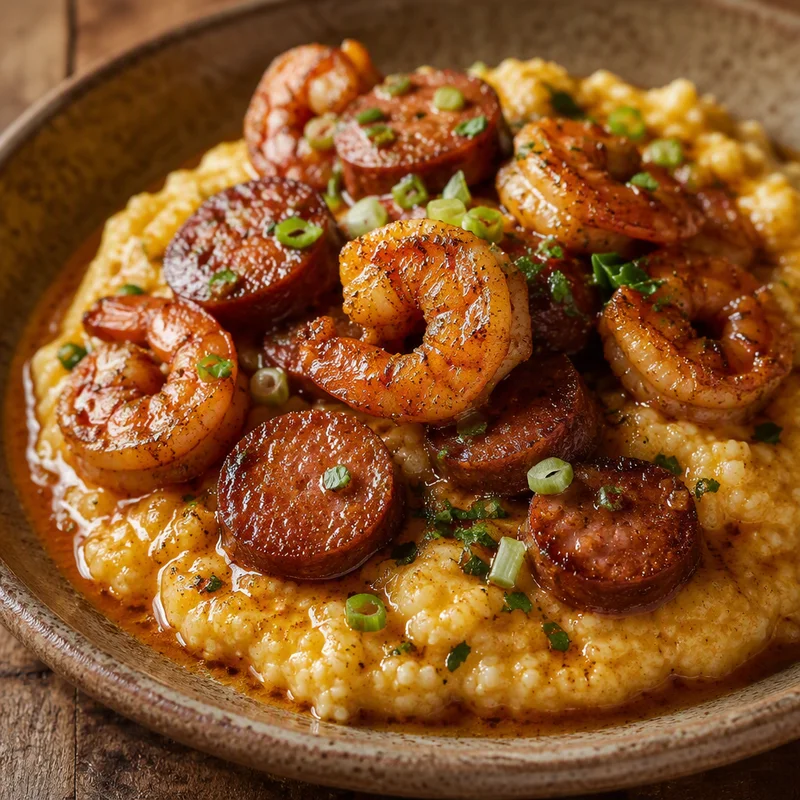 Cajun Shrimp and Andouille over Cheddar Cauliflower Grits
