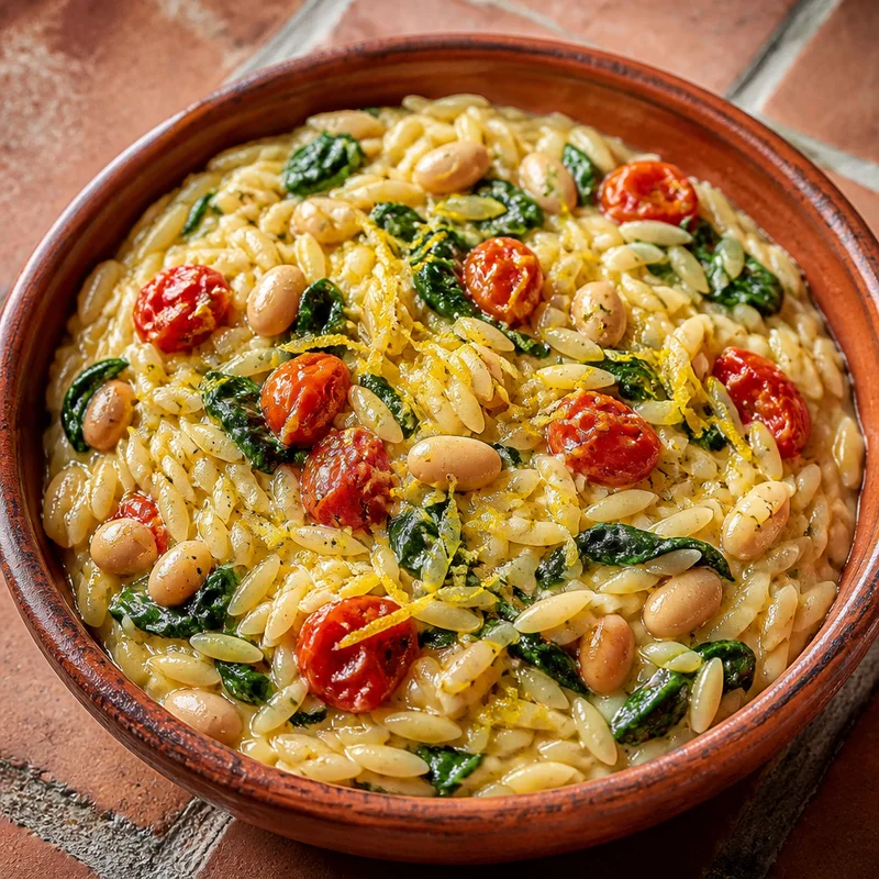 Campfire Lemon Orzo with White Beans and Spinach