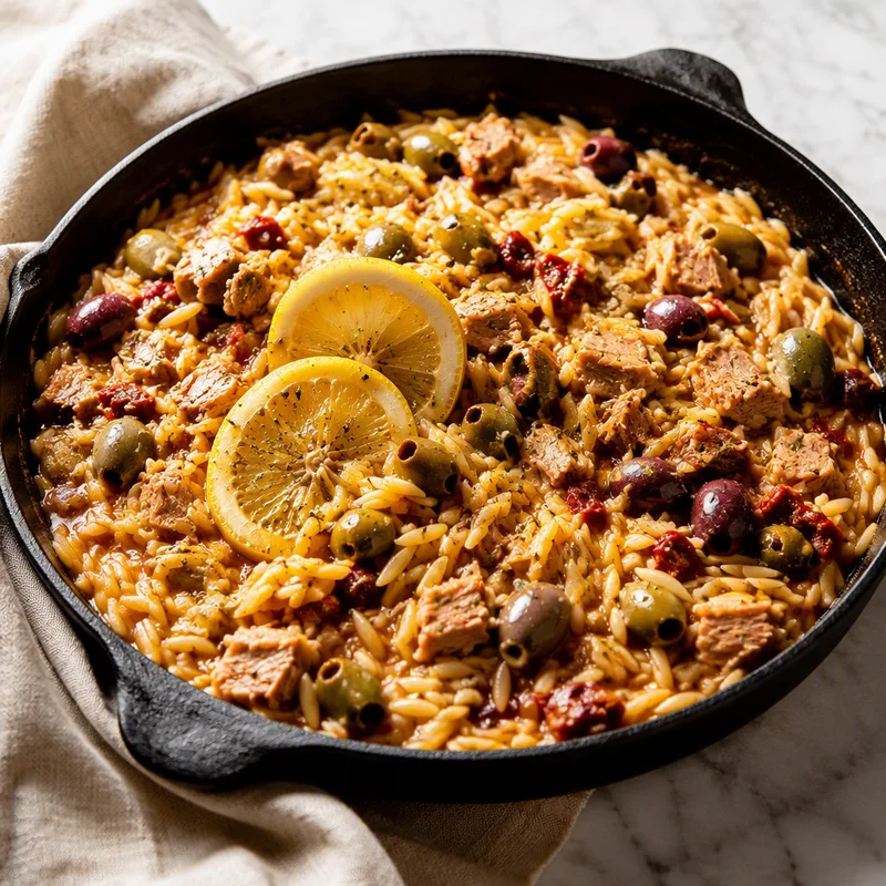 One-Pot Campfire Lemon Orzo with Tuna and Olives
