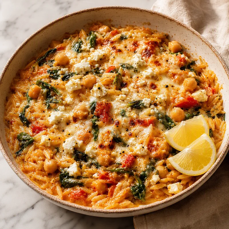 Cheesy Baked Orzo with Chickpeas, Spinach and Feta