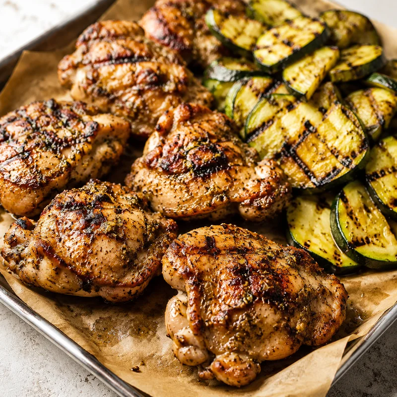 Grilled Lemon-Oregano Chicken Thighs with Charred Zucchini