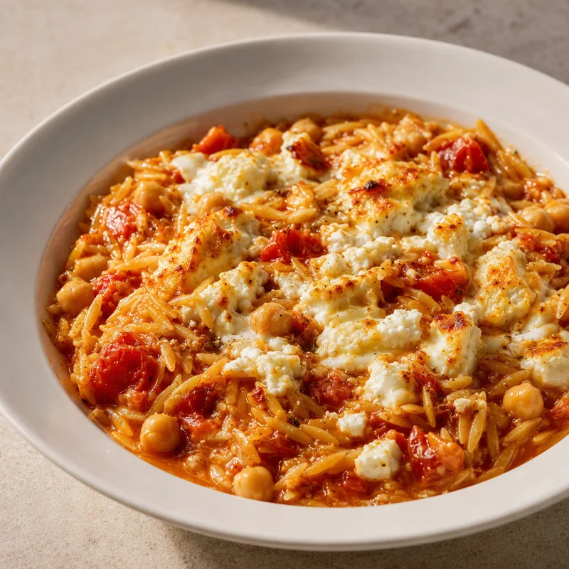 Baked Orzo with Chickpeas, Tomatoes and Feta