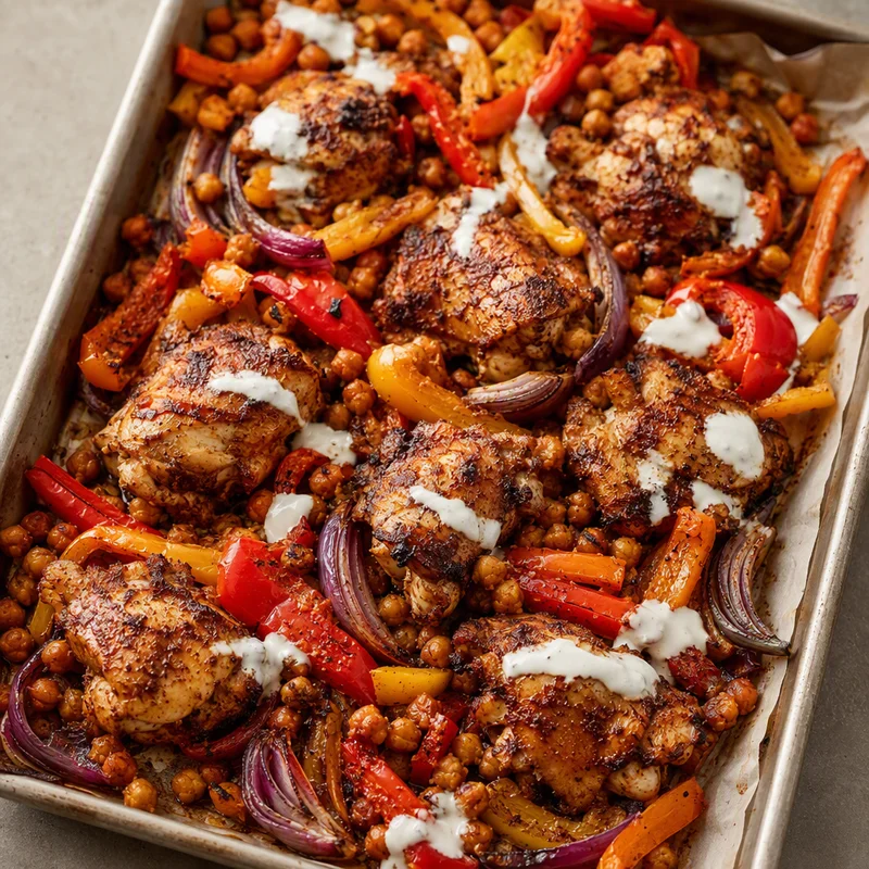 Sheet-Pan Chicken Shawarma with Peppers and Crispy Chickpeas