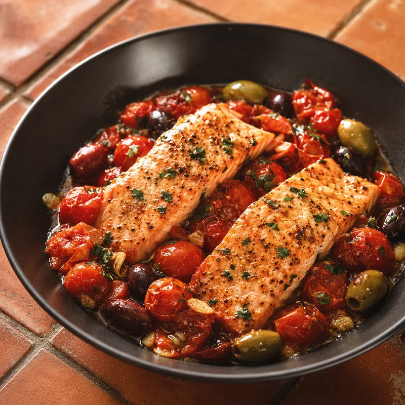Air Fryer Salmon with Blistered Tomatoes and Olives