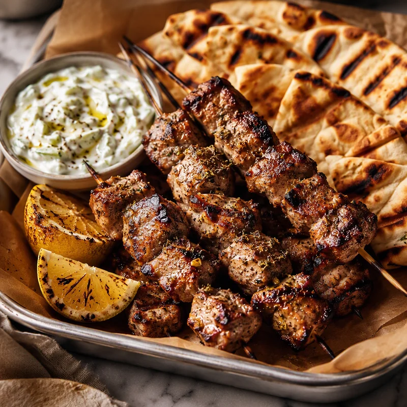 Grilled Pork Souvlaki Skewers with Lemon and Oregano