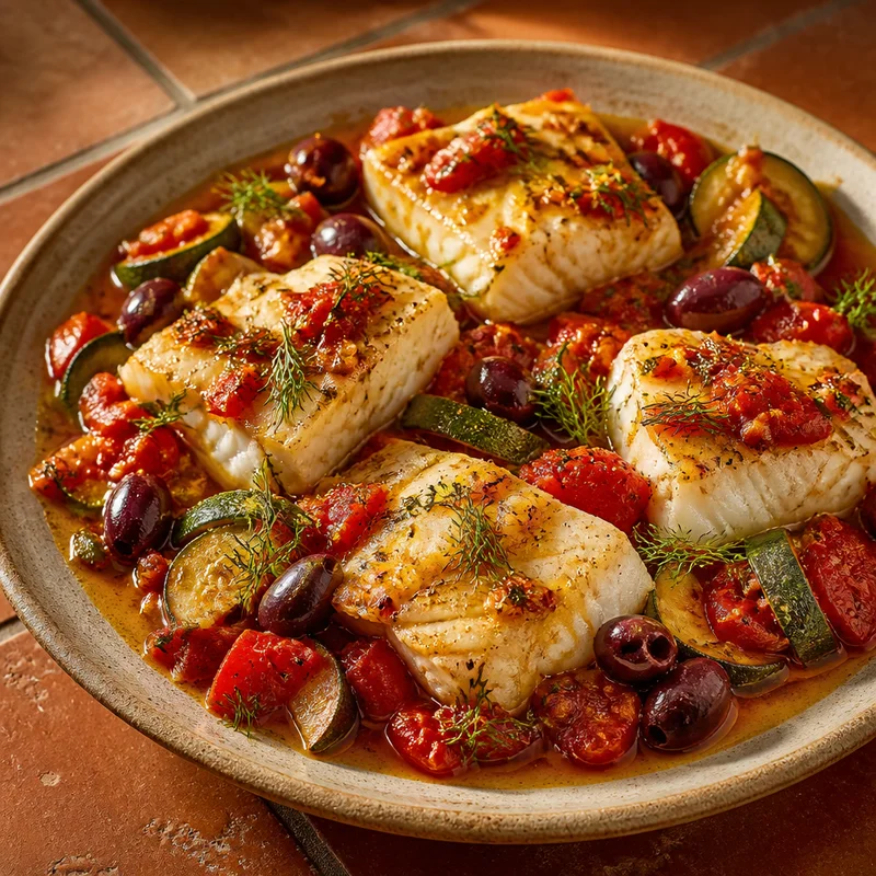 Baked Cod Plaki with Tomatoes, Olives and Zucchini