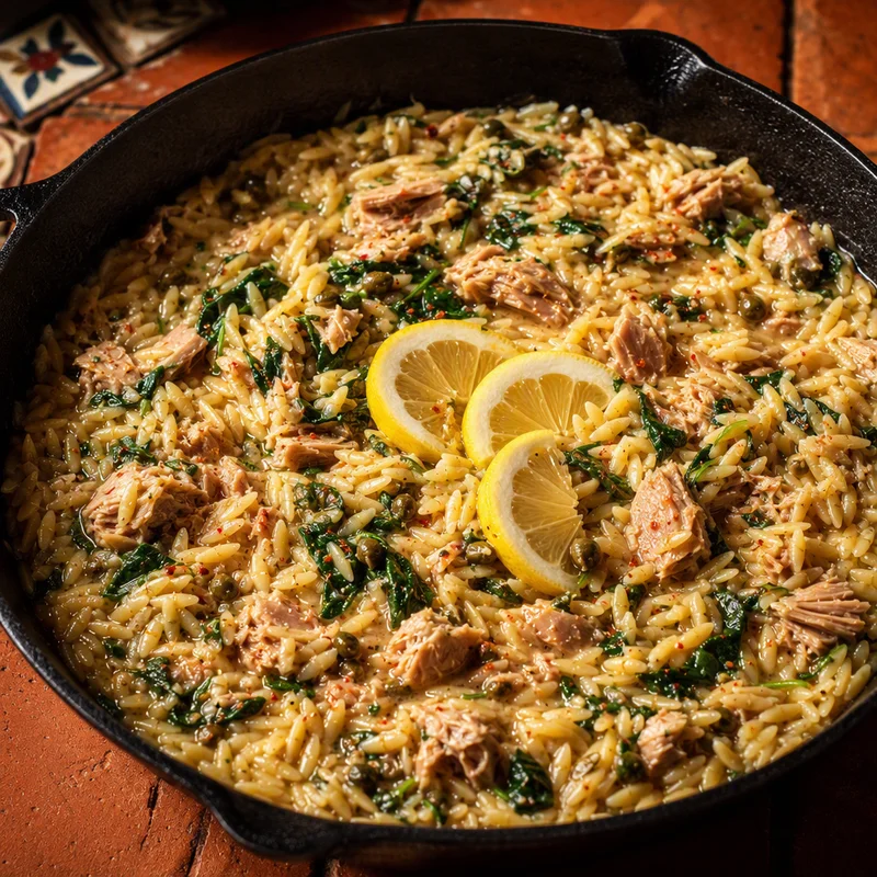 One-Pot Campfire Lemony Tuna Orzo