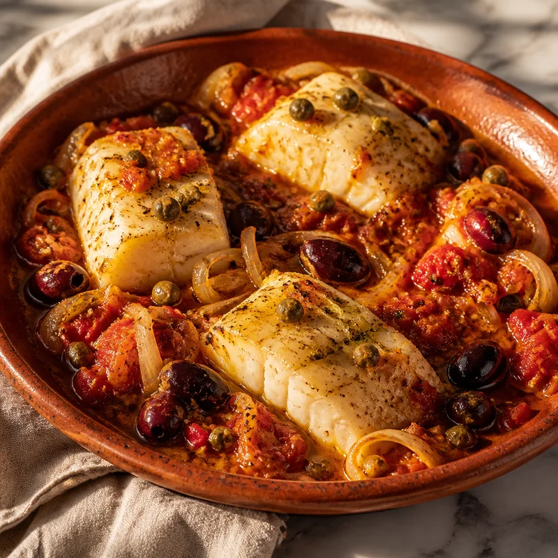 Baked Cod with Tomatoes, Fennel & Olives