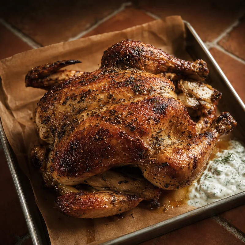 Apple-Smoked Greek Whole Chicken with Oregano-Garlic Butter
