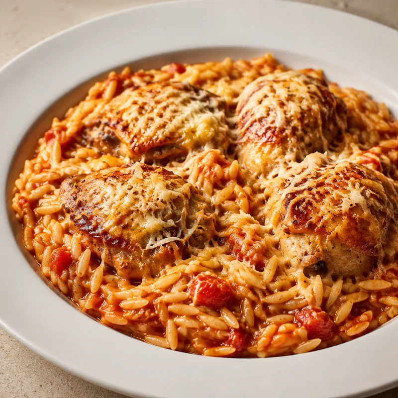 Baked Chicken and Orzo with Tomato and Parmesan