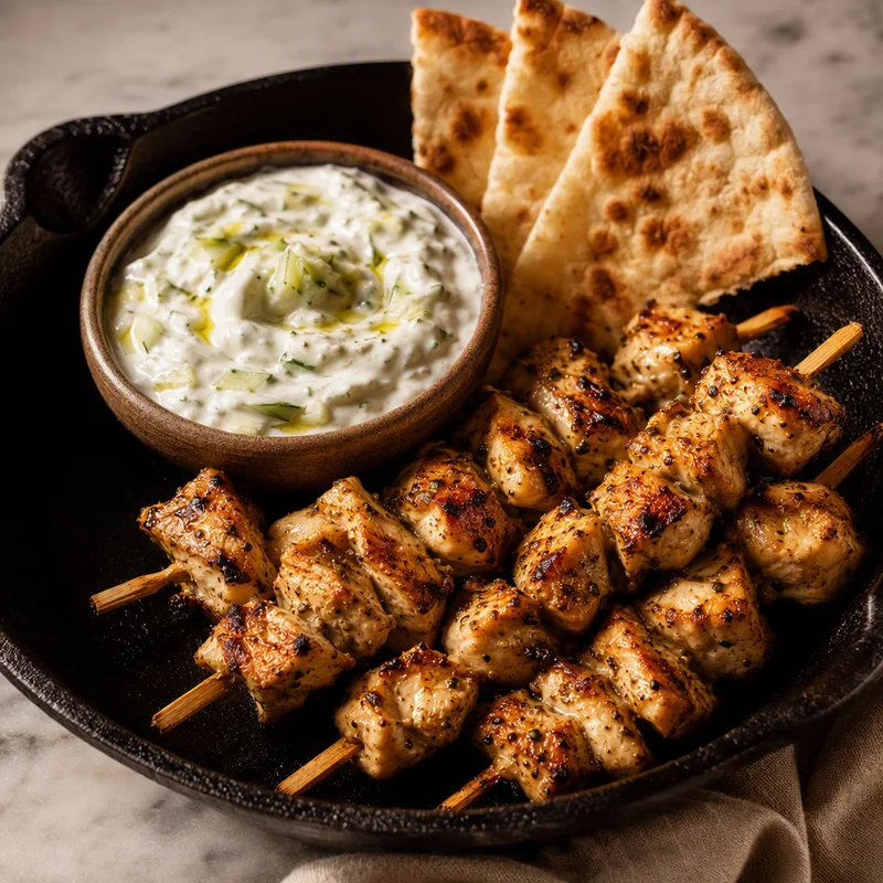 Mini Chicken Souvlaki Skewers with Cucumber Yogurt Dip