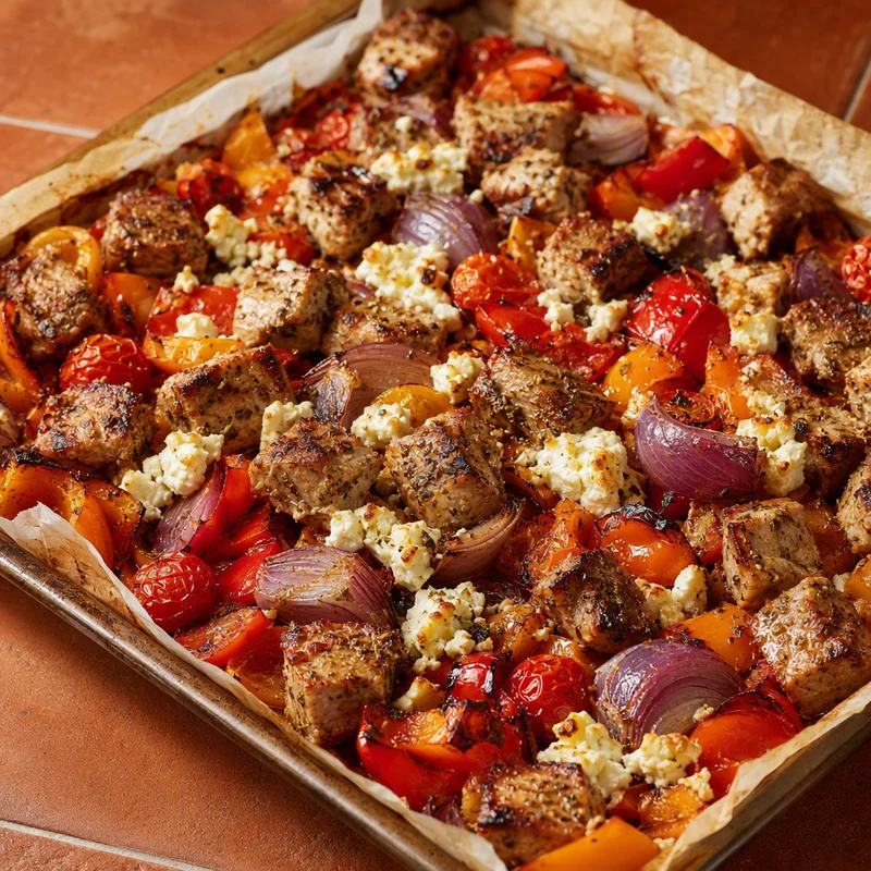 Sheet-Pan Greek Pork Souvlaki with Peppers and Feta