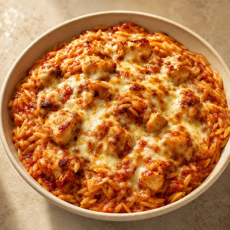 Cheesy Baked Chicken and Orzo in Tomato Sauce