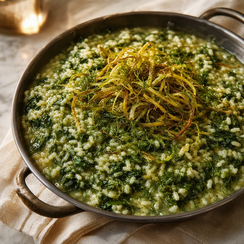 Lemony Spinach Rice with Dill and Crispy Leeks