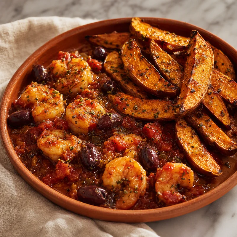 Tomato-Baked Shrimp with Olives and Lemon-Oregano Sweet Potatoes