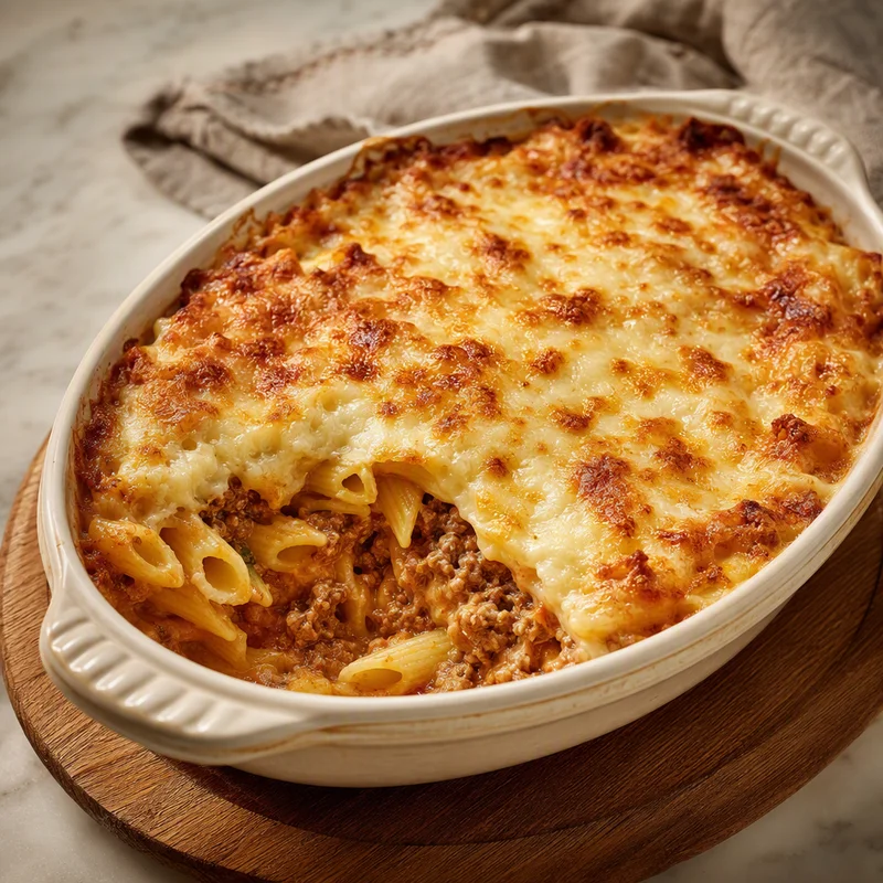 Cheesy Greek Baked Pasta with Beef