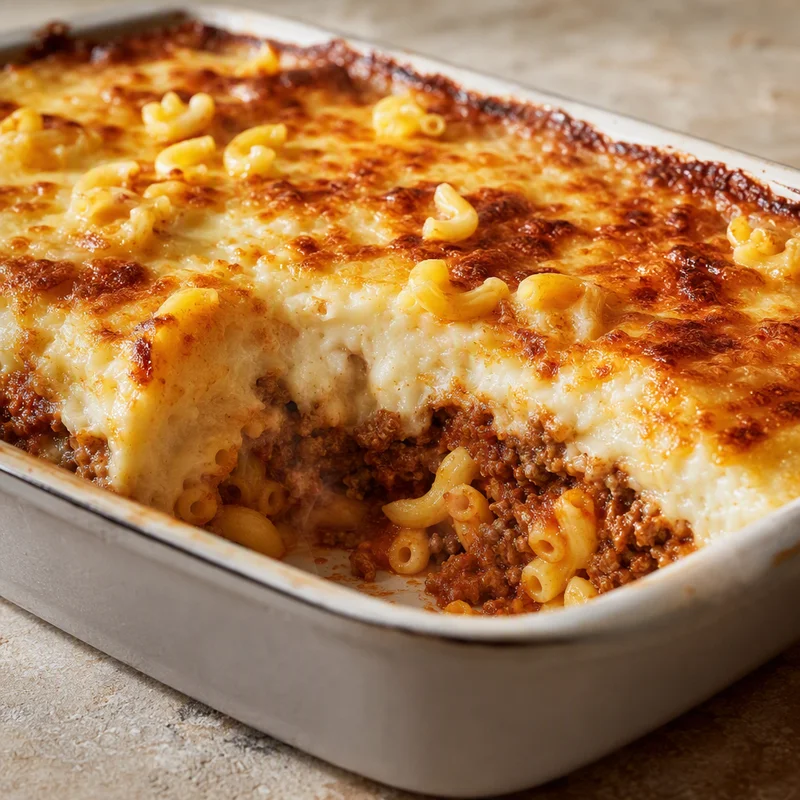 Cheesy Greek Beef and Macaroni Bake