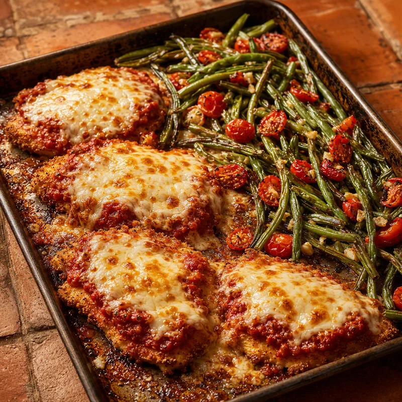 Sheet-Pan Chicken Parmesan with Garlicky Green Beans